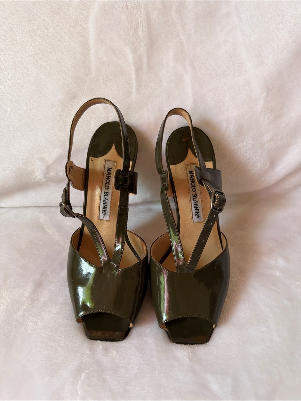 Manolo Blahnik Olive Green Patent Peep-Toe Slingback Heels